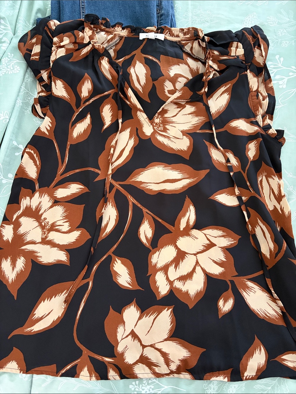 Pleione Black Blouse with Brown & Cream Floral Print